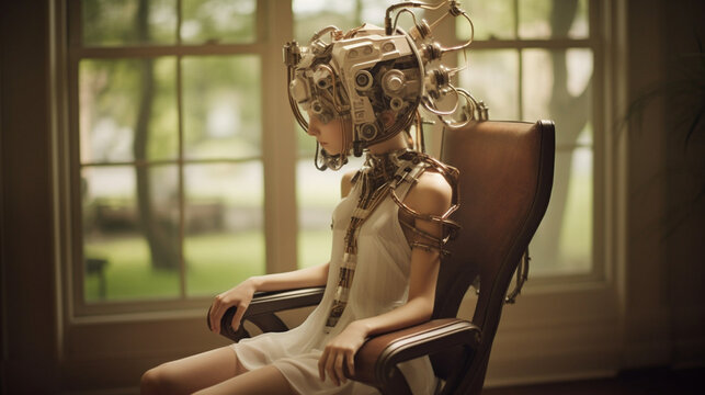 a robot or a child kid girl, half a robot with mechanical technological body parts and upgrades, transhumanism cyborg and artificial intelligence,