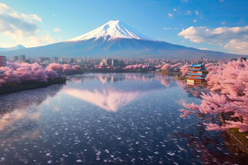Cherry Blossoms Reflecting on the Ocean with Mt. Fuji. Generative AI