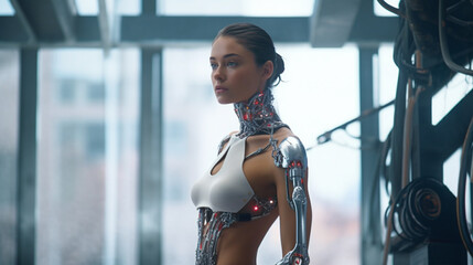 a robot or a woman half a robot with mechanical technological body parts and upgrades, transhumanism cyborg and artificial intelligence,