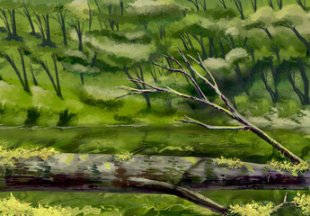 Landscape with a fallen tree across the river. Summer landscape, digital drawing.