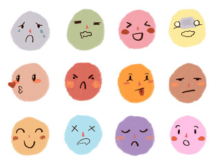 set of cute kawaii colorful hand drawn style emotion emoticon cartoon illustration 