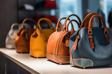 Women's handbags in boutiques. AI technology generated image