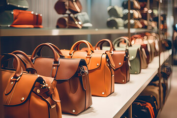 Women's handbags in boutiques. AI technology generated image - obrazy, fototapety, plakaty