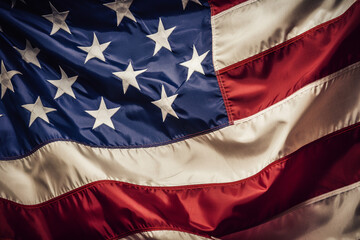 Closeup of United States of America flag, grunge style. By Generative AI.