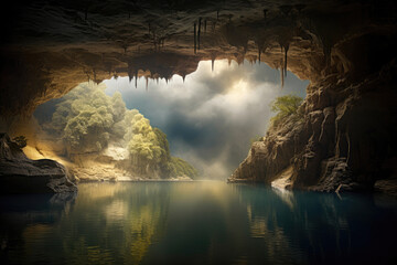 Nature's Secret: Serene Cave Lake. Generative AI