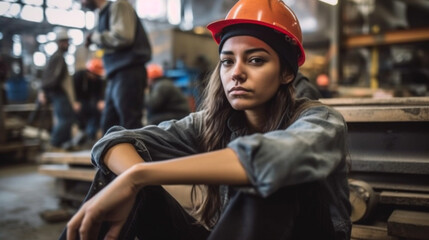 a young adult woman works in industry, fictitious, in dirty work clothes, hard job, work as a craft or industrial worker, in a warehouse or production hall, fictitious place - obrazy, fototapety, plakaty