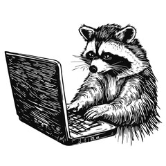 raccoon with a laptop sketch - obrazy, fototapety, plakaty