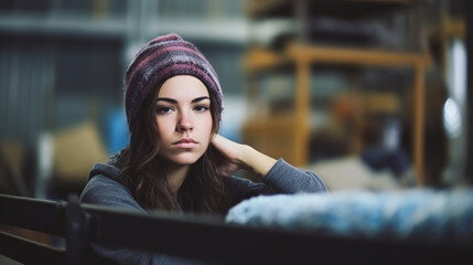 Fototapeta premium a young adult woman works in industry, fictitious, in dirty work clothes, hard job, work as a craft or industrial worker, in a warehouse or production hall, fictitious place
