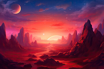 Otherworldly Mars: A Rocky Landscape under a Red Sky. Generative AI