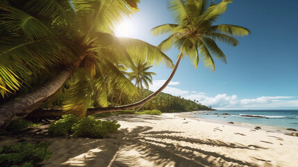sandy beach sea, ocean, blue water and sunshine, closeup ground view, fictional place