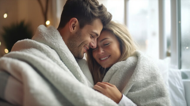 young adult woman and man wrapped in blankets cuddling, happy togetherness in love and love at home by window fictitious location