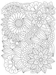 Flower pattern. Vector doodle flowers in black and white. Floral doodle pattern in black and white for coloring. Page adult coloring book.