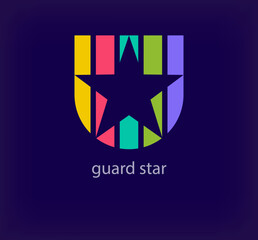 Creative guard star logo. Unique color transitions. Unique starry protection shield logo template. vector