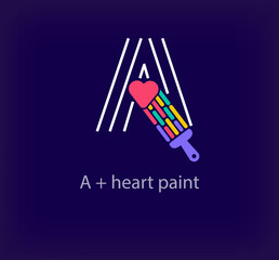 Creative letter A heart paint logo. Unique color transitions. Unique linear letter a coloring letter A logo template. vector