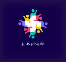 People plus team logo around creative heart. Unique color transitions. Unique teamwork plus logo template. vector