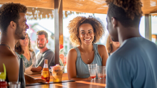 young adult woman at beach cafe, beach bar or beach club or hotel complex on beach, summer vacation, tourists on background, fictional place