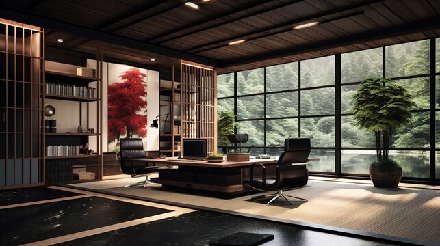 modern office design in Asian style. the concept of harmony. Generative AI