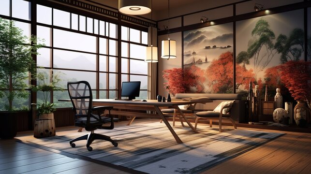 modern office design in Asian style. the concept of harmony. Generative AI