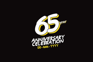 65th, 65 years, 65 year anniversary with white character with yellow shadow on black background-vector