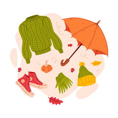Warm Autumn Clothes and Bright Accessory Vector Composition