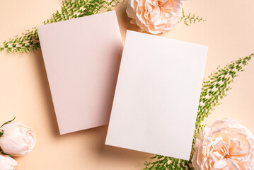 Blank card, rose flowers and fern