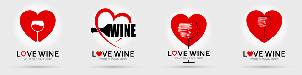 Wine logo. Bottle, glass Set. Labels and logotype elements for wine, restaurant, bar, winery, wine house. Vector illustration