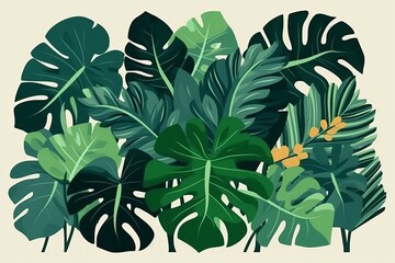 Fototapeta na wymiar Illustration of lush green tropical foliage and plants in a jungle setting created with Generative AI technology