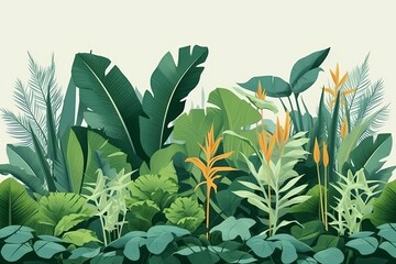 Illustration of lush green tropical foliage and plants in a jungle setting created with Generative AI technology