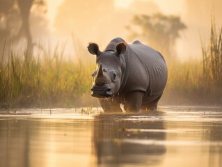 Mystical Black Rhino Grazing in Okavango Delta