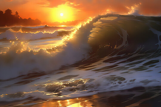 Close up of golden waves and beaches at sunset. AI technology generated image