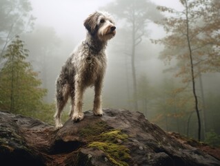 Majestic Bordoodle Balancing on Boulder in Forest