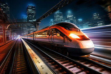 Fototapeta premium High speed rail shuttles on urban railways at night.AI technology generated image
