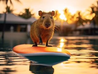 Surfing Capybara in Tahiti - obrazy, fototapety, plakaty