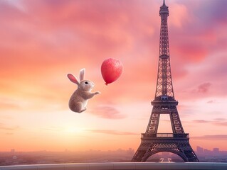 Sunset Leap: Dutch Rabbit with Heart Balloon on Eiffel Tower