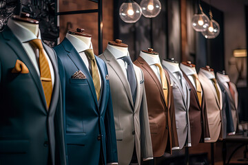 Business men's suit store indoor. AI technology generated image - obrazy, fototapety, plakaty