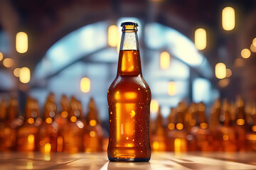 Glass bottles on the conveyor belt of the beverage production line. AI technology generated image