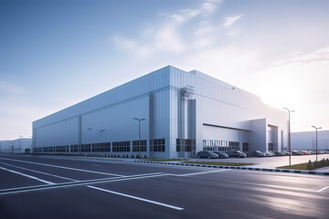 Modern logistics warehouse building structure. AI technology generated image - obrazy, fototapety, plakaty