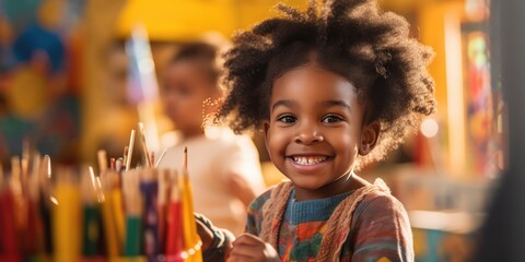 Portrait of a gorgeous little cute african american girl holding a paintbrush and working on a painting for art class, generative ai
