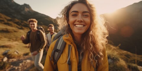 Millennial friends on a hiking trip celebrate reaching the summit and have fun posing for photos. Group of friends on country walk. Young people hiking in countryside, generative ai