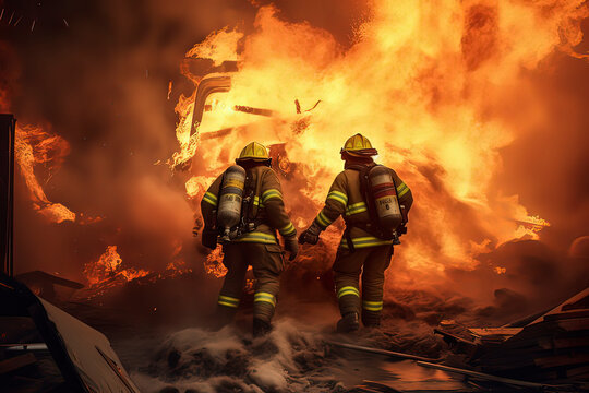 Firefighters extinguishing the fire at the scene. AI technology generated image