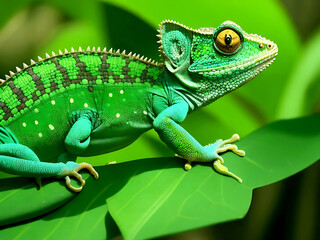 Obraz premium Green colored chameleon close-up. Generative AI Close-up of a Cape Dwarf Chameleon on a Rosemary bush Multicolor Beautiful Chameleon 