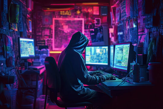 Hackers often work in low-light rooms to cover their faces. And obscure action. The hacker works in a room with fluorescent tubes