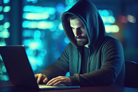 Cyber attack with unrecognizable hooded hacker.