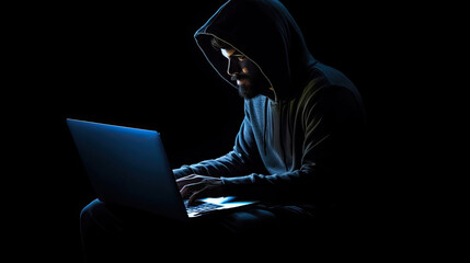 Hacker in the hood silhouette in the dark with laptop