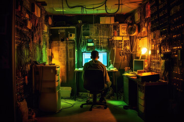 Hackers often work in low-light rooms to cover their faces. And obscure action. The hacker works in a room with fluorescent tubes