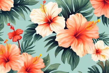 Illustration of tropical Hibiscus flowers and leaves creating a lush background - created with Generative AI technology