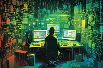 Illustration of Hackers or crackers attempt to hack a security system to steal or destroy sensitive information.