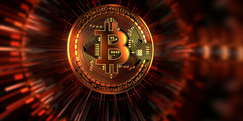 Fototapeta premium Goldene glänzende Bitcoin Münze im Licht und Schatten mit schönen Hintergrund, ai generativ