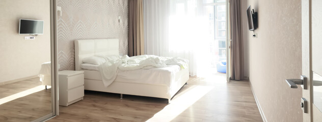 Fototapeta na wymiar bright bedroom interior hotel, white background home