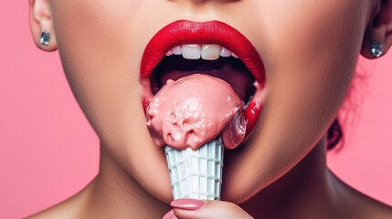 a closeup of a sexy woman eating an ice cream cone, generative AI - obrazy, fototapety, plakaty